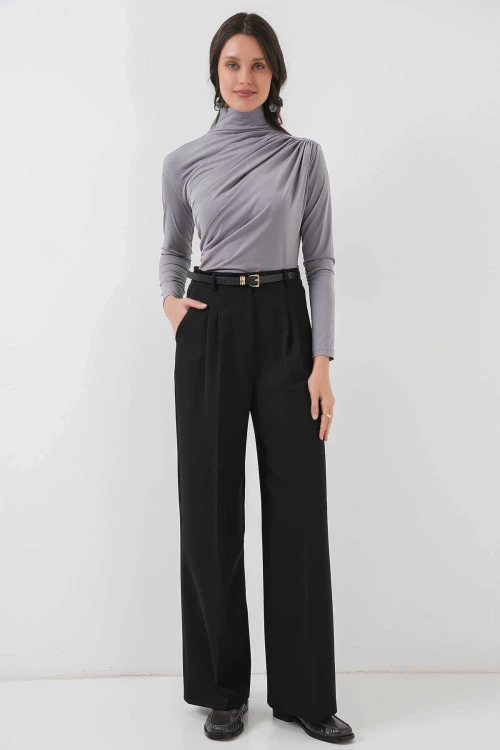 Kadın Gri Büzgü Detay Balıkçı Yaka Sandy Bluz HZL25W-BD19251