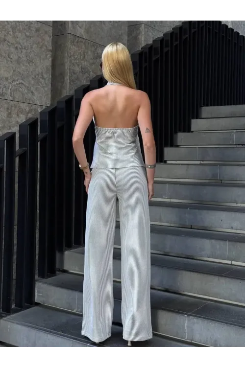 Kadın Gri Çizgili Önü Fermuarlı Bluz Pantolon İkili Takım HZL25S-ZK13691