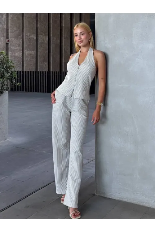 Kadın Gri Çizgili Önü Fermuarlı Bluz Pantolon İkili Takım HZL25S-ZK13691