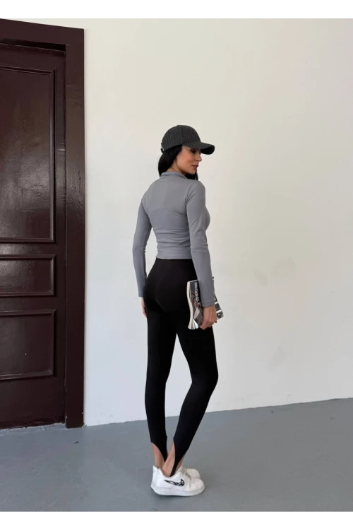 Kadın Gri Dalgıç Kumaş Fermuar Kapamalı Parmak Geçirmeli Sweatshirt HZL25W-FRY123441