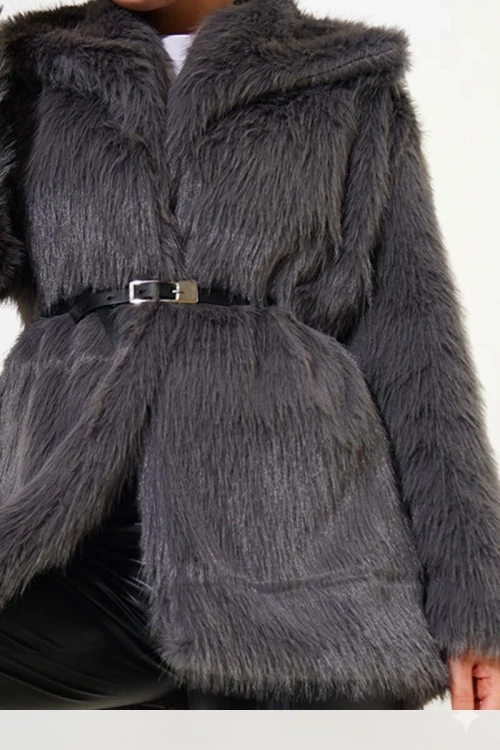 Kadın Gri Kemer Detaylı Astarlı Peluş Kürk Mont HZL25W-BD191561