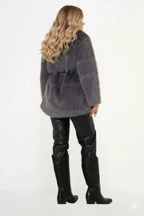 Kadın Gri Kemer Detaylı Astarlı Peluş Kürk Mont HZL25W-BD191561