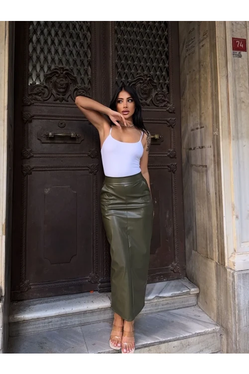 Kadın Haki Arkadan Yırtmaçlı Fermuarlı Cepli Kalem Etek HZL25W-FRY122431
