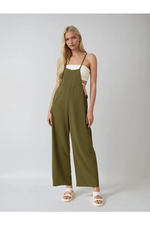 Kadın Haki Ayarlanabilir Askılı Cepli Bol Paça Bahçıvan Tulum HZL22S-BD170191
