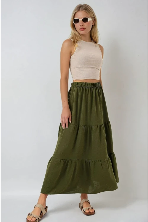 Kadın Haki Beli Lastikli Ayrobin Uzun Etek HZL25S-BD180481
