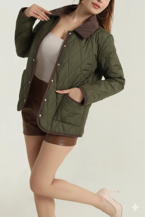 Kadın Haki Çıt Çıt Kapamalı Kadife Detaylı Kapitone Mont HZL25W-BD152261