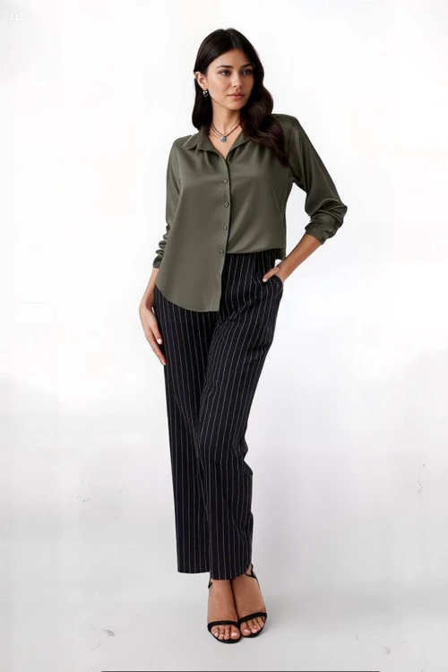 Kadın Haki Hafif Dökümlü Saten Yüzeyli Gömlek Hzl22w-bd139641