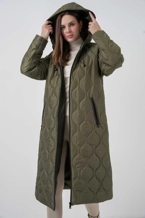 Kadın Haki Kapüşonlu Kapitone Uzun Şişme Mont HZL24W-BD151771