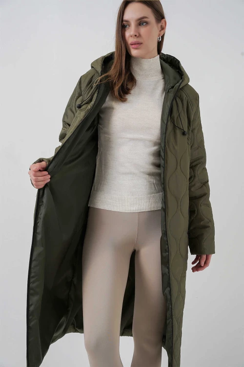 Kadın Haki Kapüşonlu Kapitone Uzun Şişme Mont HZL24W-BD151771