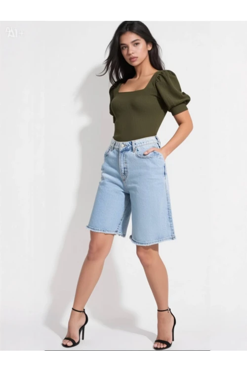 Kadın Haki Kare Yaka Örme Bluz Hzl22w-bd104091