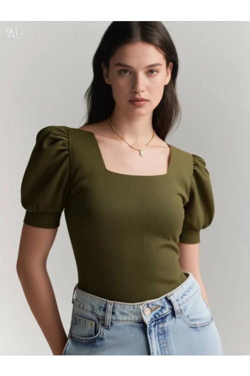 Kadın Haki Kare Yaka Örme Bluz Hzl22w-bd104091