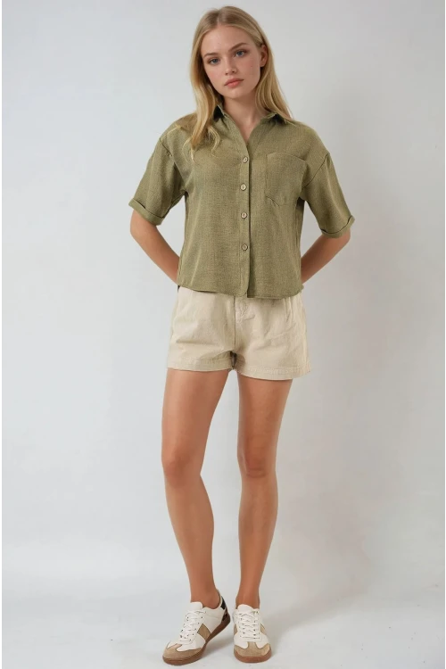 Kadın Haki Keten Görünümlü Crop Gömlek HZL25S-BD1203391