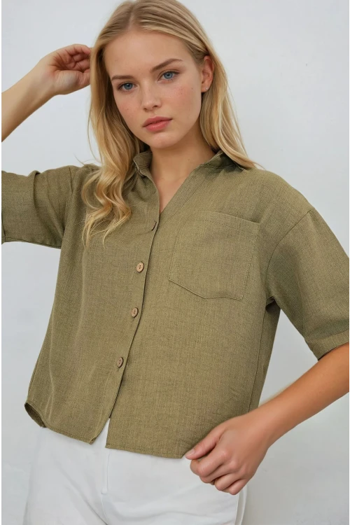 Kadın Haki Keten Görünümlü Crop Gömlek HZL25S-BD1203391
