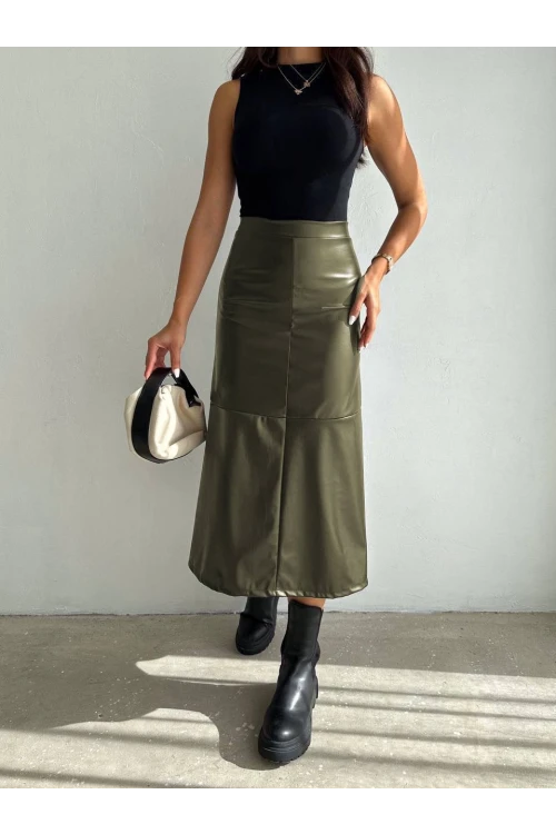 Kadın Haki Midi Boy Fermuar Kapamalı Suni Deri Etek  HZL25W-FRY121651