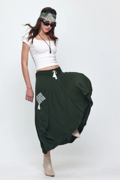 Kadın Haki Nakış Detaylı Bağcıklı Şalvar Etek HZL25S-VM19001