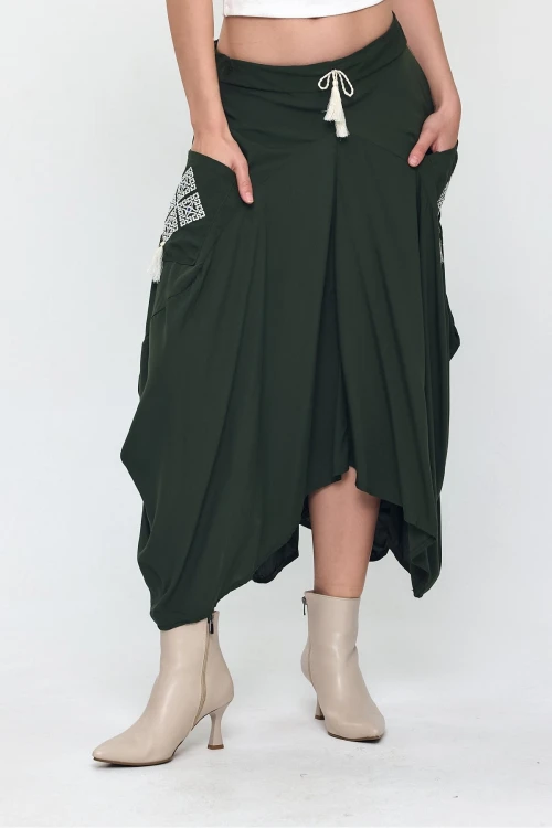 Kadın Haki Nakış Detaylı Bağcıklı Şalvar Etek HZL25S-VM19001