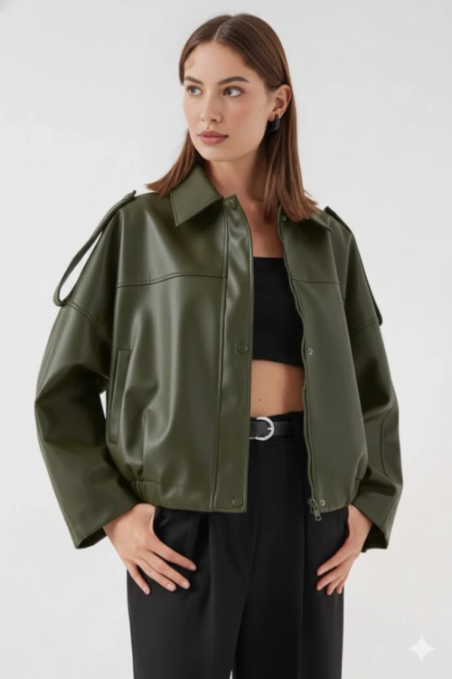 Kadın Haki Oversize Fermuarlı ve Düğmeli Yandan Cepli Suni Deri Ceket HZL25W-BD110551
