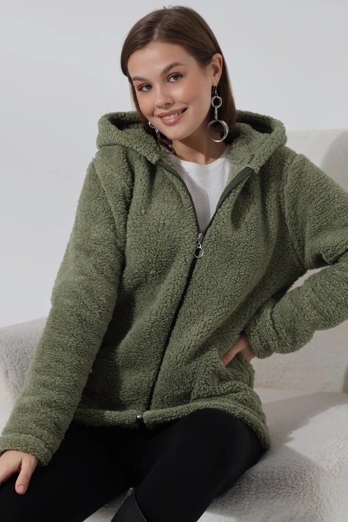 Kadın Haki Welsoft esnek kumaş Peluş Yumoş Önü Fermuarlı Kapüşonlu Ceket HZL23W-DSB110081