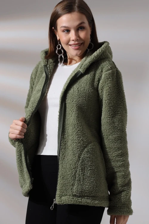 Kadın Haki Welsoft esnek kumaş Peluş Yumoş Önü Fermuarlı Kapüşonlu Ceket HZL23W-DSB110081