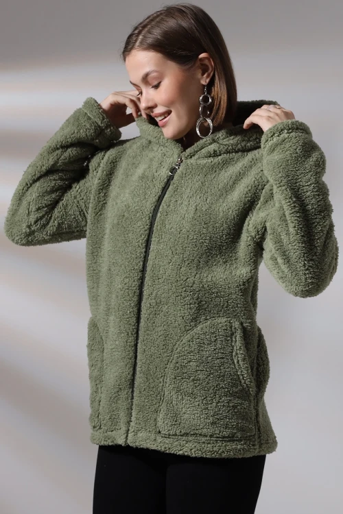 Kadın Haki Welsoft esnek kumaş Peluş Yumoş Önü Fermuarlı Kapüşonlu Ceket HZL23W-DSB110081