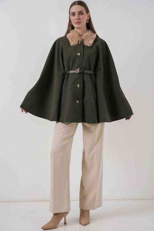 Kadın Haki Yakası Kürklü Düğmeli Kemerli Kaşe Panço HZL25W-BD191651