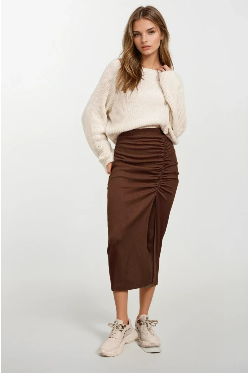 Kadın Kahverengi Beli Lastikli Yırtmaçlı Uzun Etek HZL22S-BD118801