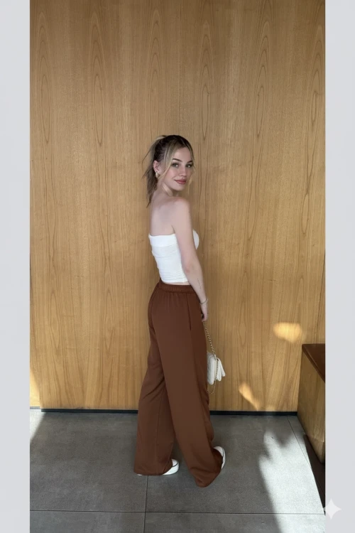 Kadın Kahverengi Cepli Beli Lastikli Bol Paça Keten Pantolon HZL24S-ZK11051