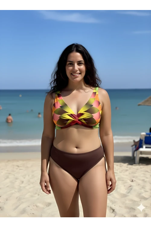 Kadın Kahverengi Çok Renkli Yüksel Bel Astarlı Büyük Beden Bikini Takımı HZL25S-LC22315