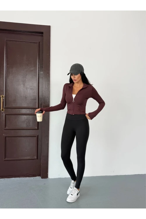 Kadın Kahverengi Dalgıç Kumaş Fermuar Kapamalı Parmak Geçirmeli Sweatshirt HZL25W-FRY123441