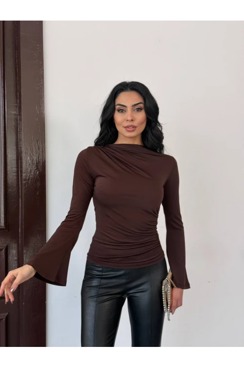 Kadın Kahverengi Drape Detaylı İspanyol Kol Sany Bluz HZL25W-FRY123431