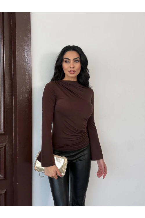 Kadın Kahverengi Drape Detaylı İspanyol Kol Sany Bluz HZL25W-FRY123431