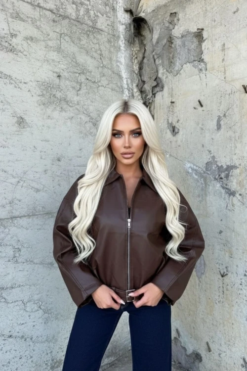 Kadın Kahverengi Fermuar Kapamalı Oversize Suni Deri Ceket HZL25W-BD110561