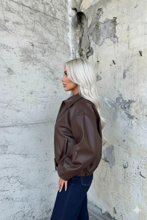 Kadın Kahverengi Fermuar Kapamalı Oversize Suni Deri Ceket HZL25W-BD110561