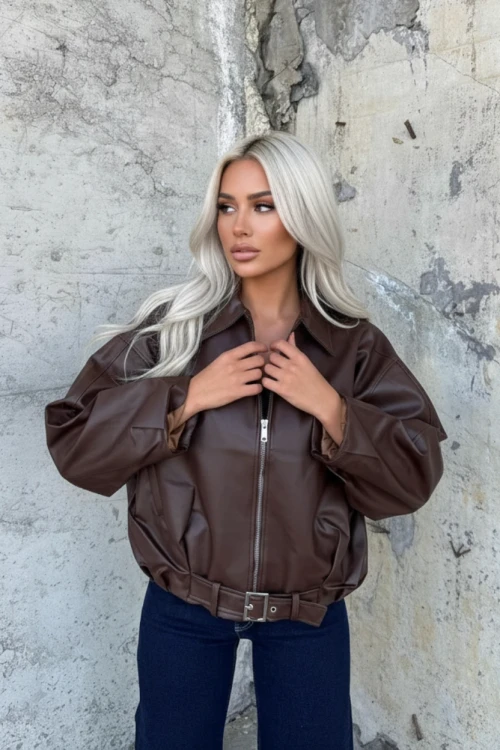Kadın Kahverengi Fermuar Kapamalı Oversize Suni Deri Ceket HZL25W-BD110561