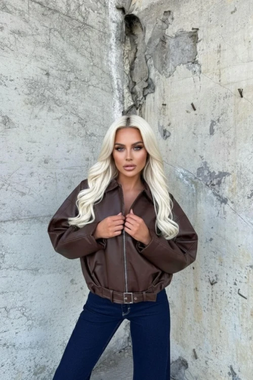 Kadın Kahverengi Fermuar Kapamalı Oversize Suni Deri Ceket HZL25W-BD110561