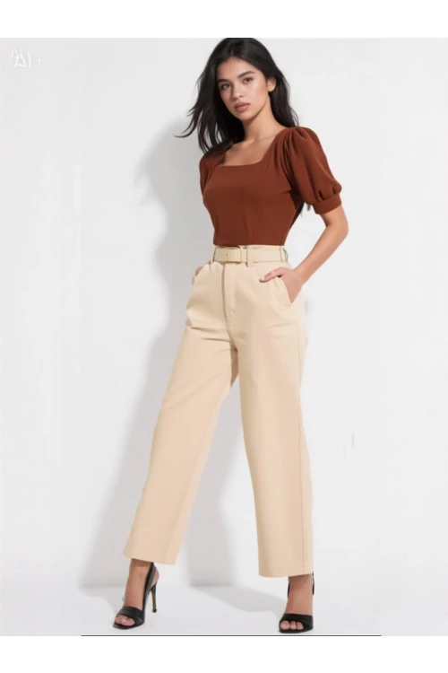 Kadın Kahverengi Kare Yaka Örme Bluz HZL22W-BD104091