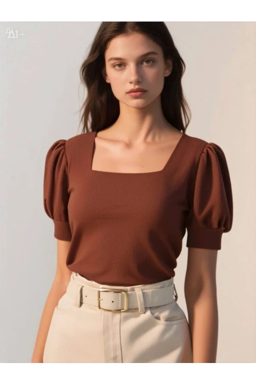 Kadın Kahverengi Kare Yaka Örme Bluz HZL22W-BD104091