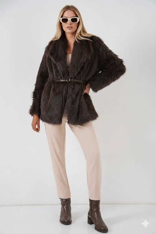 Kadın Kahverengi Kemer Detaylı Astarlı Peluş Kürk Mont HZL25W-BD191561