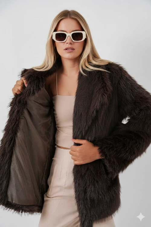 Kadın Kahverengi Kemer Detaylı Astarlı Peluş Kürk Mont HZL25W-BD191561