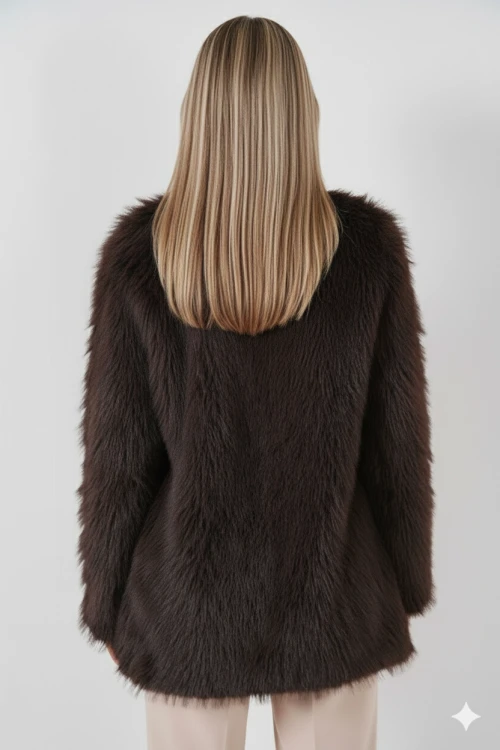 Kadın Kahverengi Kemer Detaylı Astarlı Peluş Kürk Mont HZL25W-BD191561