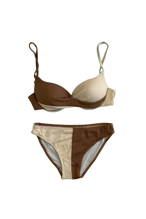 Kadın Kahverengi Krem Renk Bloklu Astarlı Bikini Takımı HZL25S-LC214