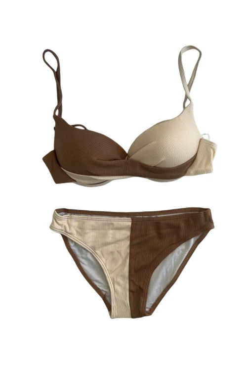 Kadın Kahverengi Krem Renk Bloklu Astarlı Bikini Takımı HZL25S-LC214