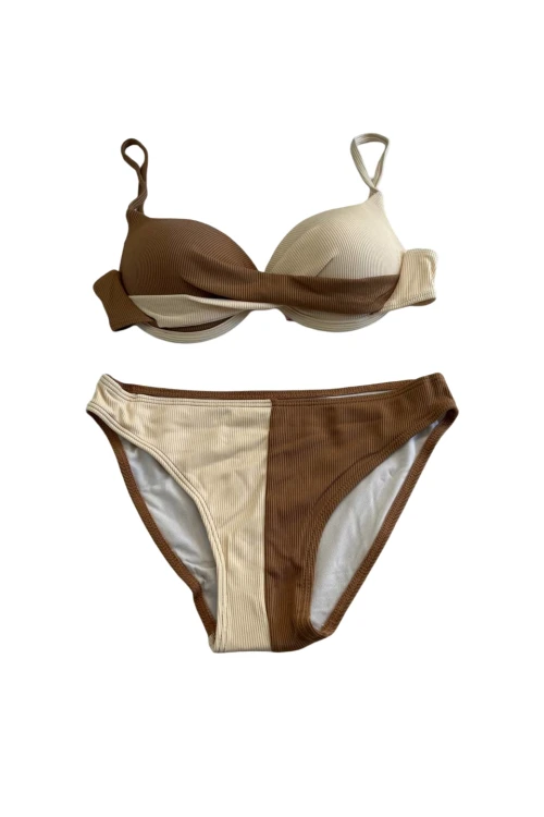 Kadın Kahverengi Krem Renk Bloklu Astarlı Bikini Takımı HZL25S-LC214