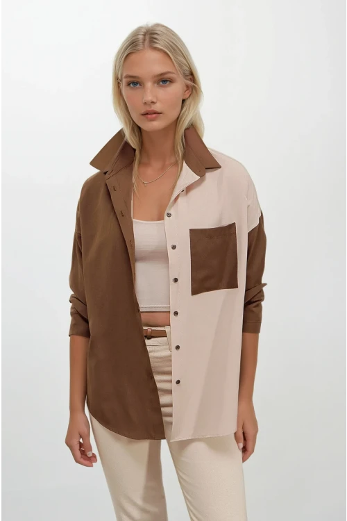 Kadın Kahverengi Krem Renk Bloklu  Poplin Basic Gömlek HZL22S-BD1201161