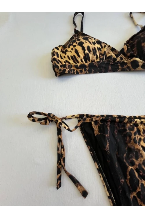 Kadın Kahverengi Leopar Desen Bikini Takımı HZL25S-LC3119