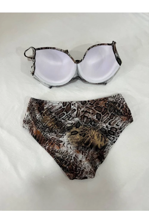 Kadın Kahverengi Leopar Desenli Astarlı Büyük Beden Bikini Takımı HZL25S-LC25006