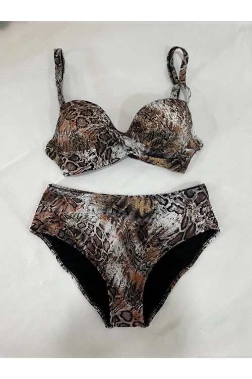 Kadın Kahverengi Leopar Desenli Astarlı Büyük Beden Bikini Takımı HZL25S-LC25006