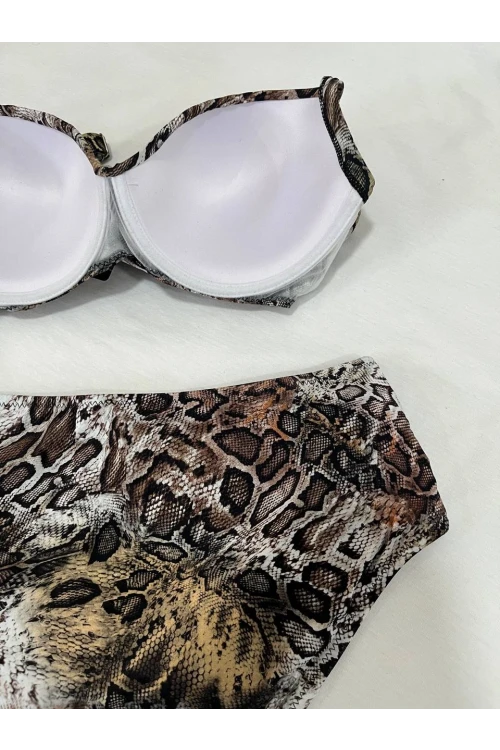 Kadın Kahverengi Leopar Desenli Astarlı Büyük Beden Bikini Takımı HZL25S-LC25006
