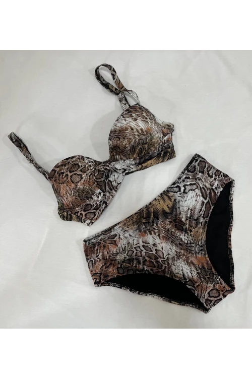 Kadın Kahverengi Leopar Desenli Astarlı Büyük Beden Bikini Takımı HZL25S-LC25006