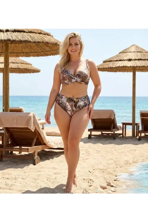 Kadın Kahverengi Leopar Desenli Astarlı Büyük Beden Bikini Takımı HZL25S-LC25006